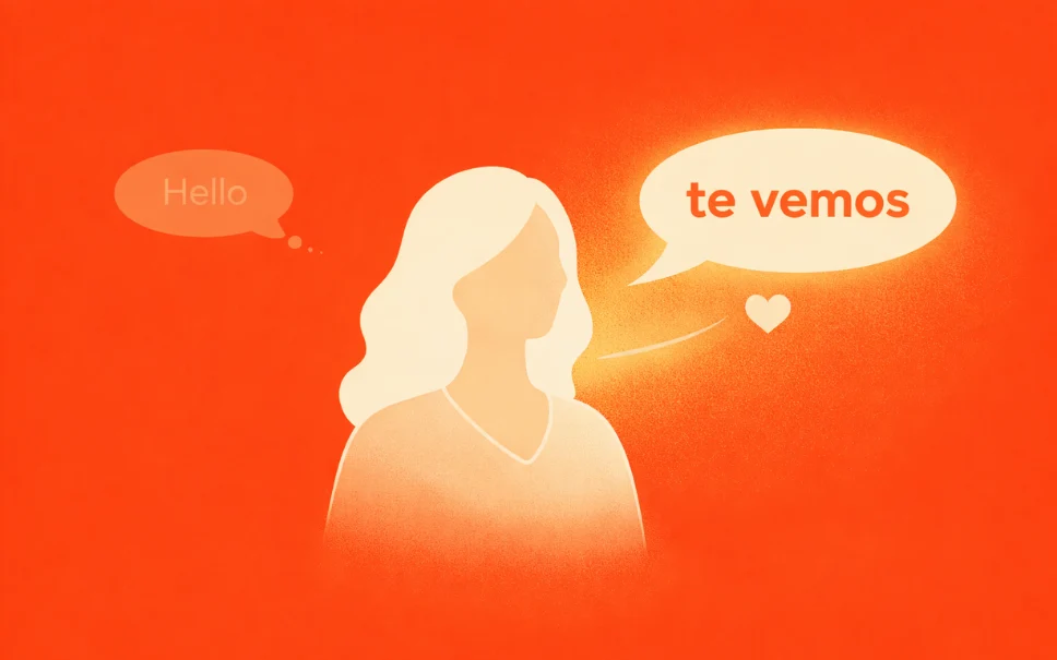 Flat illustration showing a Latina consumer responding to a Spanish-language message "te vemos," symbolizing how Spanish builds trust with Hispanic audiences in the U.S.