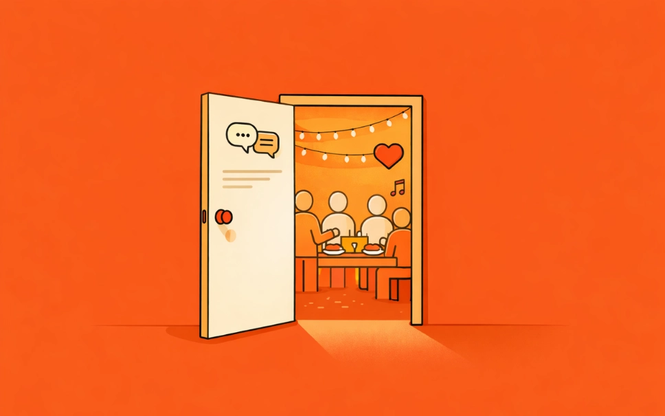 Hispanic marketing concept showing a door opening to a cultural gathering representing connection with Hispanic audiences