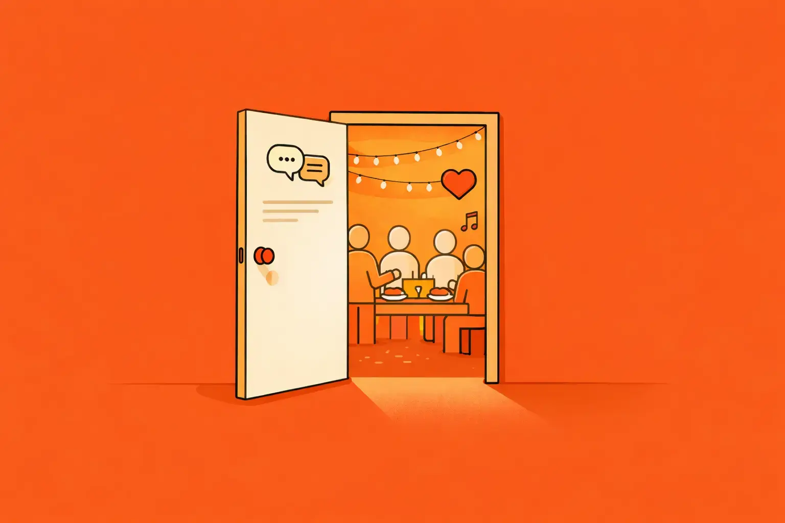 Hispanic marketing concept showing a door opening to a cultural gathering representing connection with Hispanic audiences