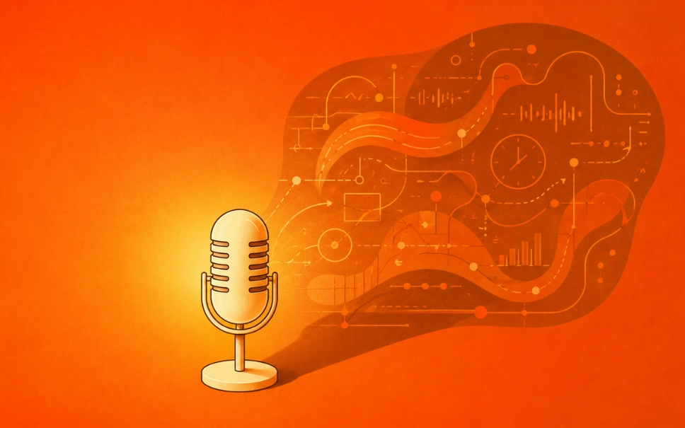 Illustration of a microphone with a cloud of technical elements representing the complexity of radio spot transcreation, including timing, sound waves, and production details.